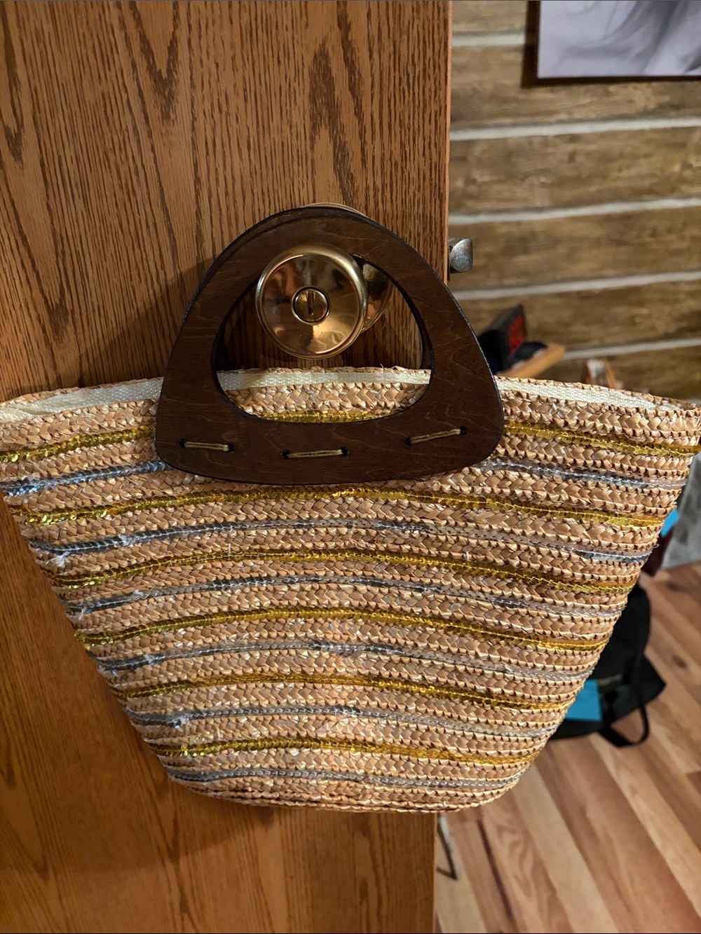 Woven Straw Tote with Wooden Handles - Natural